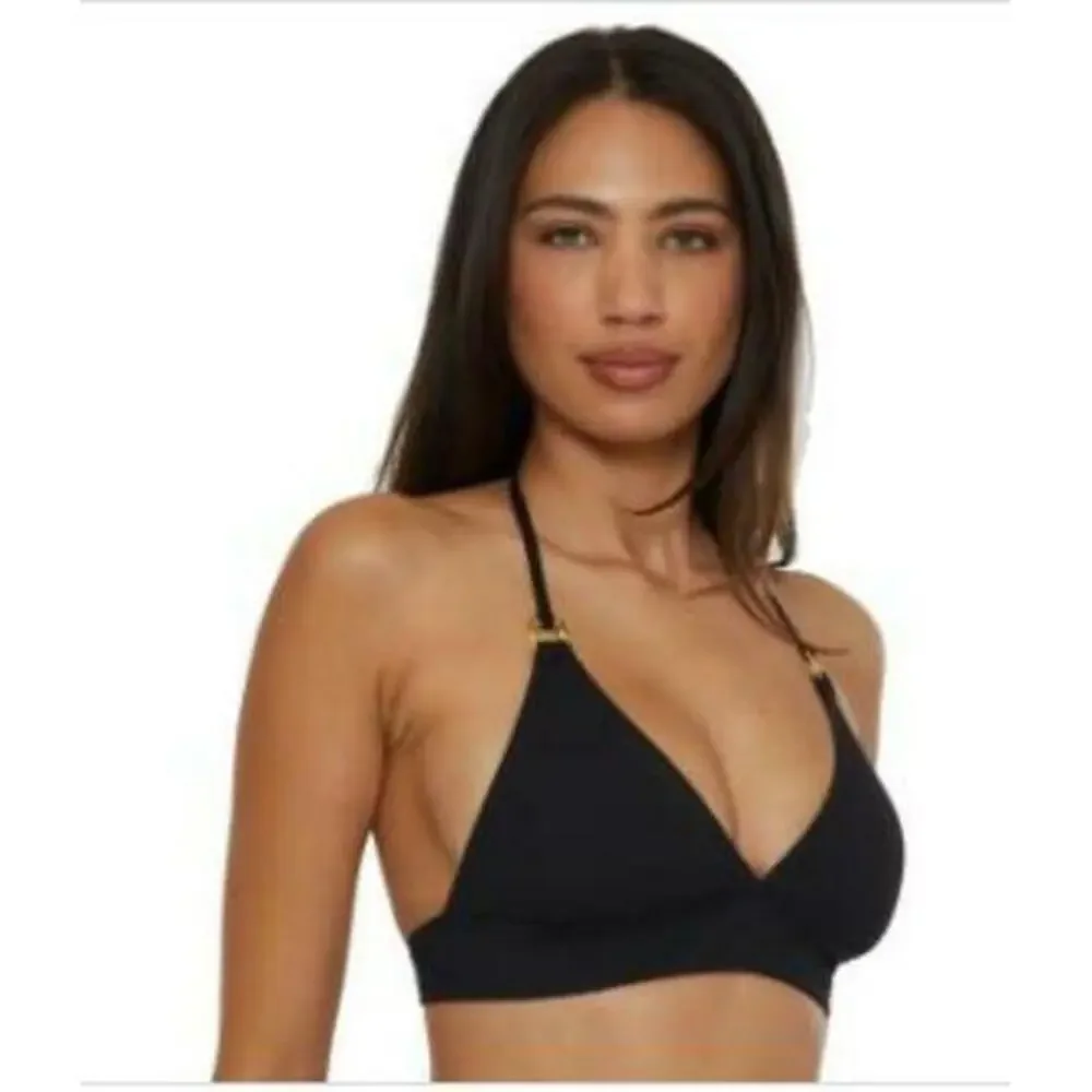 Becca Women's Black Modern Edge Textured Rib Halter Bikini Top S